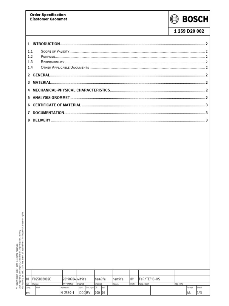 Order Specification Elastomer Grommet: Cope of Alidity Urpose ...