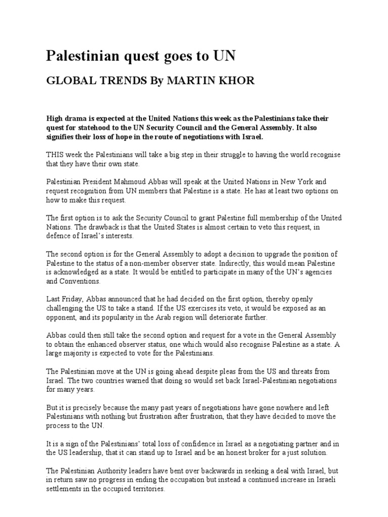 Palestinian Quest Goes To UN | PDF | State Of Palestine | World Politics