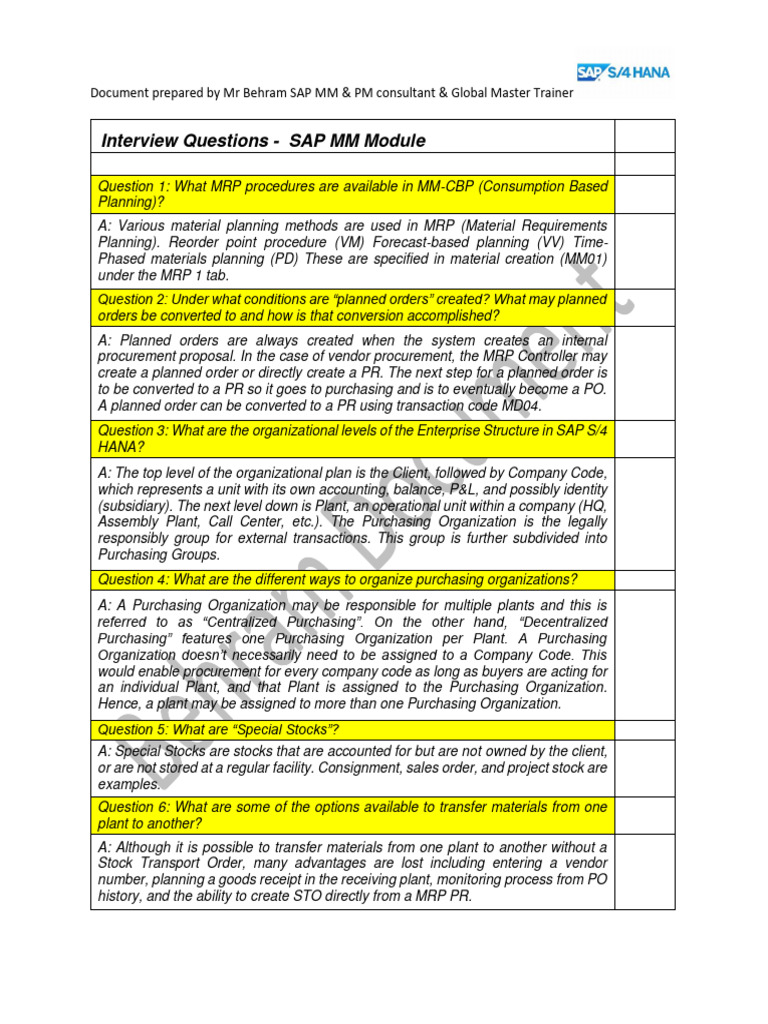 Interview Questions SAP MM Module 1657539668 | PDF | Invoice | Inventory