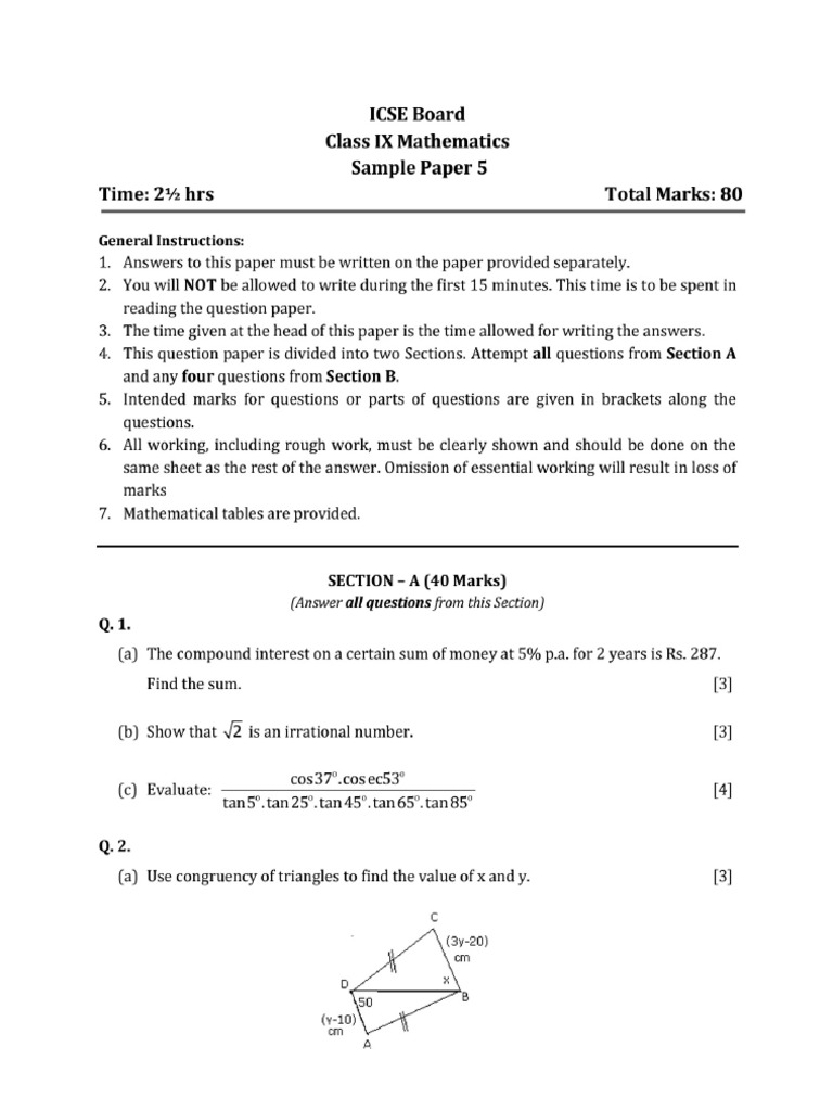 Icse Class Ix Math SP - 5 | PDF