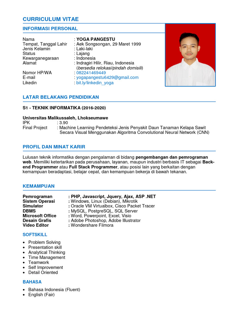 CV Yoga Pangestu: Programmer IT | PDF | Karier & Perkembangan | Komputer