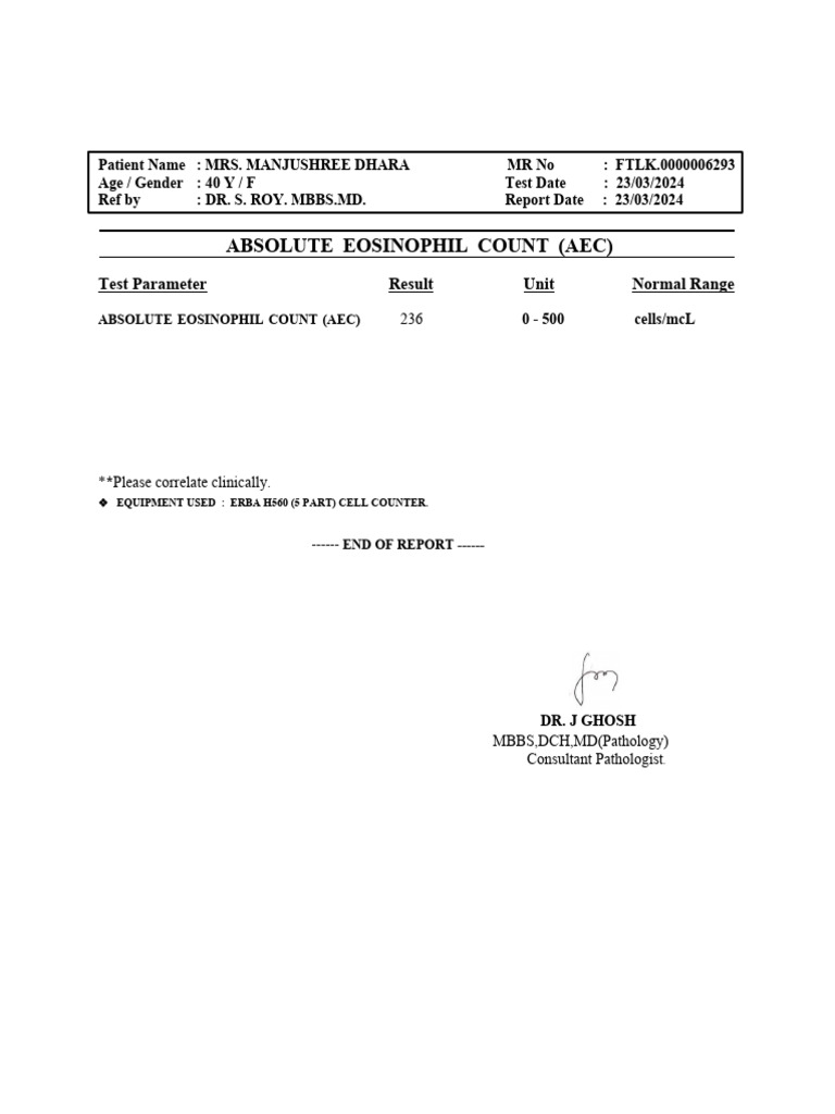 Absolute Eosinophil Count (Aec) Test Parameter Result Unit Normal