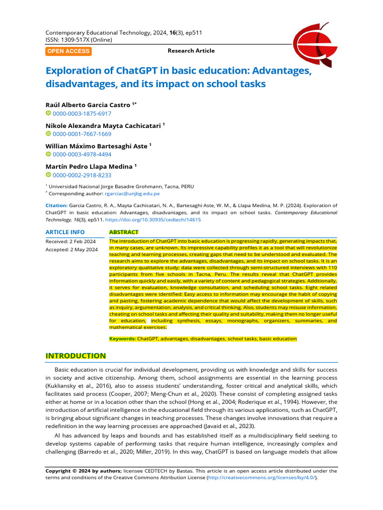 Exploration of Chatgpt in Basic Education Advantages Disadvantages and ...