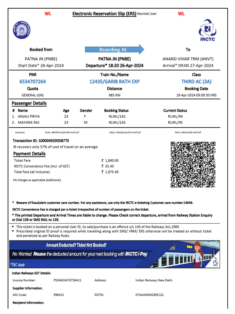 12435/garib Rath Exp Third Ac (3A) : WL WL | PDF | Identity Document