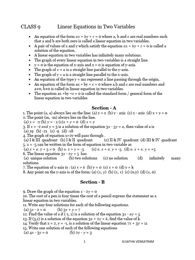 Class9 - Linear Equation in Two Variables - Assign | PDF | Equations ...