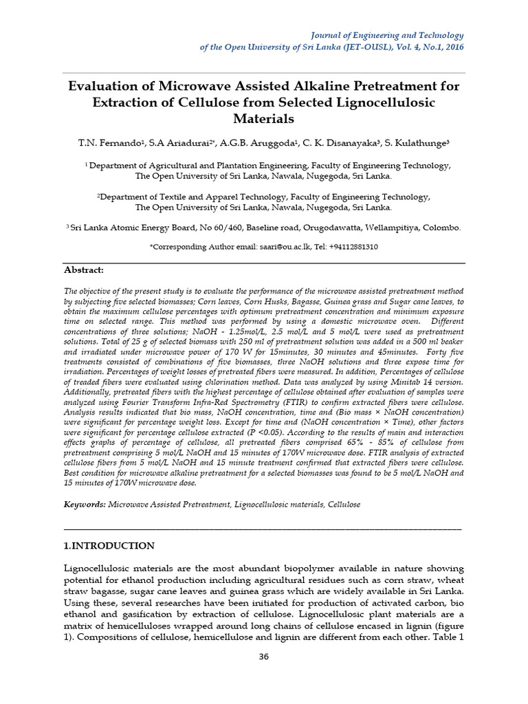 Microwave Alkaline Pretreatment for Cellulose Extraction | PDF | Sodium ...