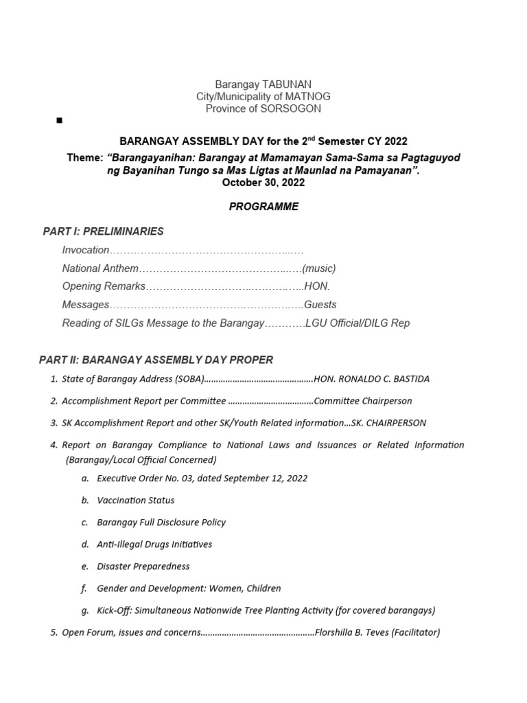Barangay Assembly Day Program 2022 | PDF
