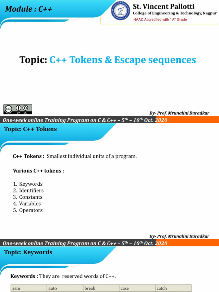 Module C++ Day 1.3 C++Tokens and Escape Sequences | PDF