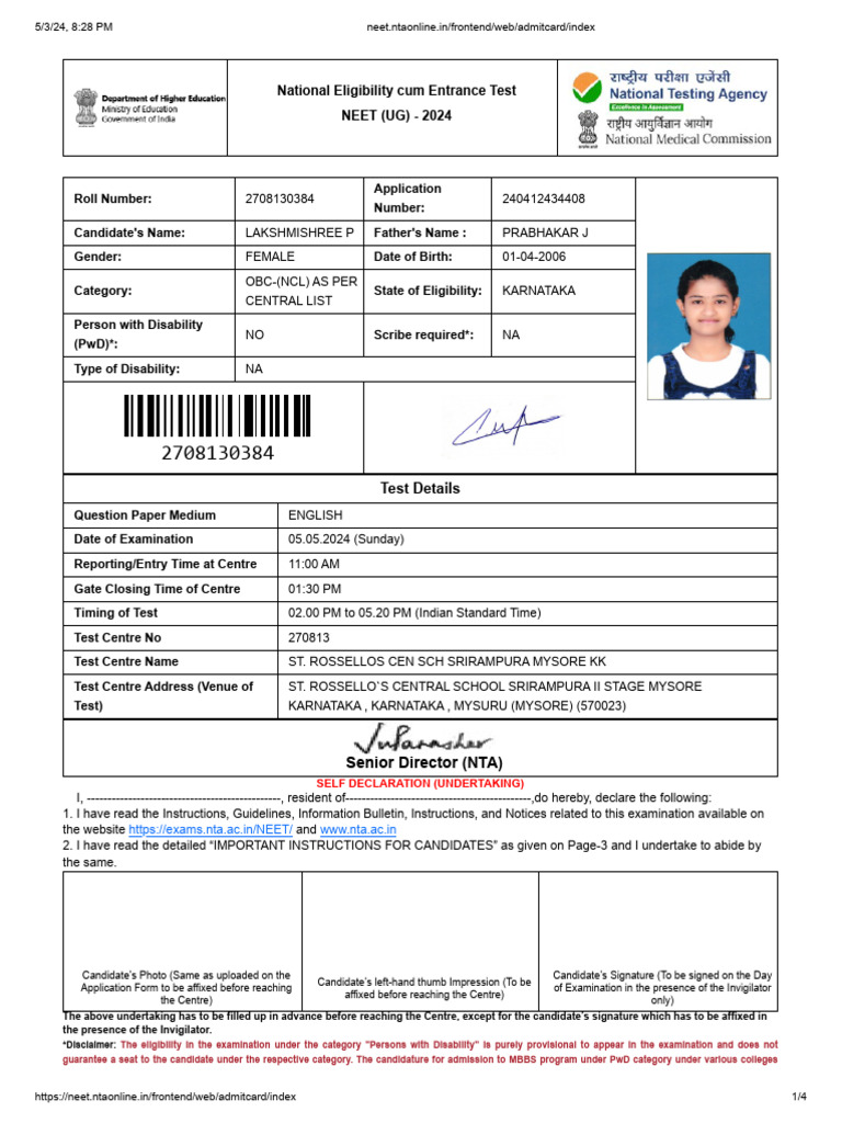 Lakshmi Neet Admit Card | PDF | Identity Document