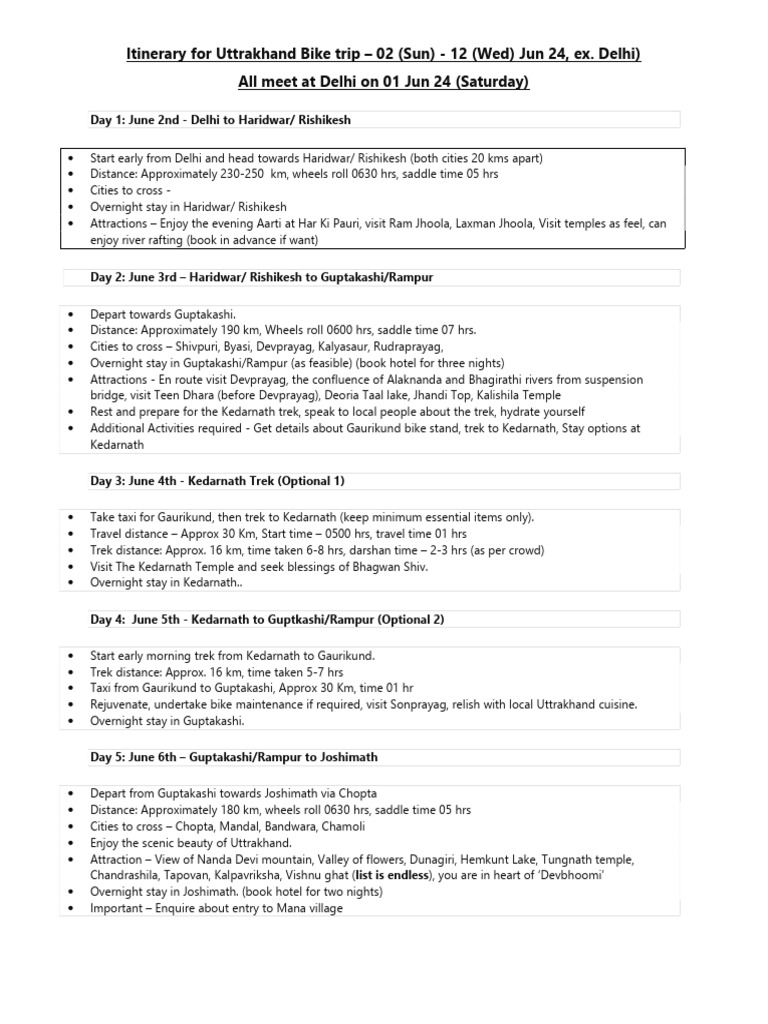 Final Uttarakhand Itinerary (02 Jun - 12 Jun 24) | PDF