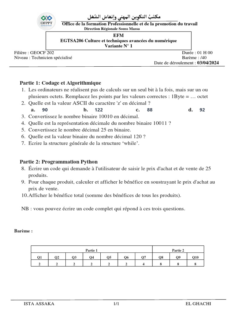 Examen de Codage et Python 2024 | PDF | Codage des caractères | Données ...