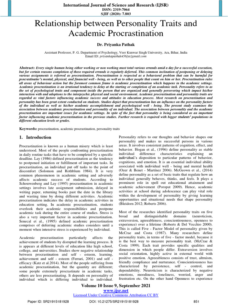 Relationship Between Personality Traits and Academic Procrastination ...