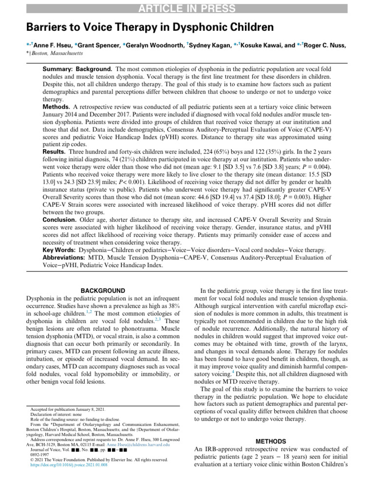 Barriers To Voice Therapy in Dysphonic Children | PDF | Medical ...