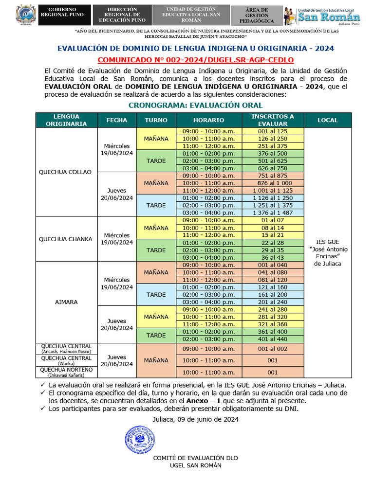 Cronograma Evaluacion Oral Dlo 2024 1 Descargar gratis PDF Idiomas