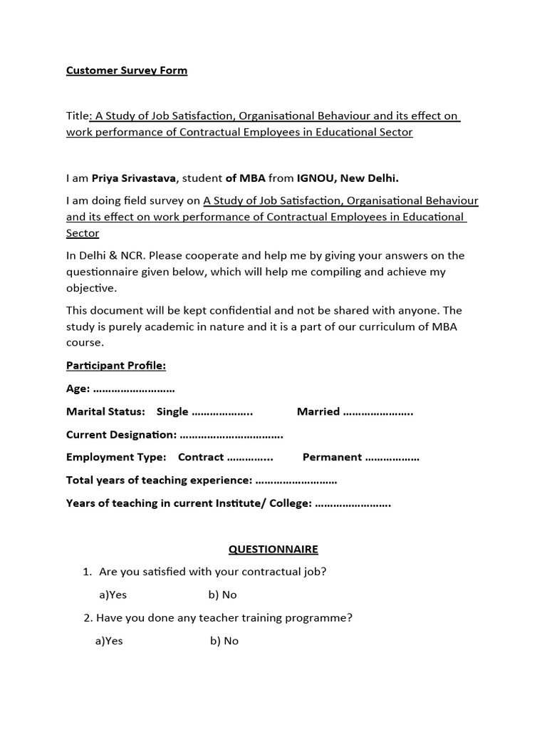 Customer Survey Form MBA | PDF | Job Satisfaction | Motivational