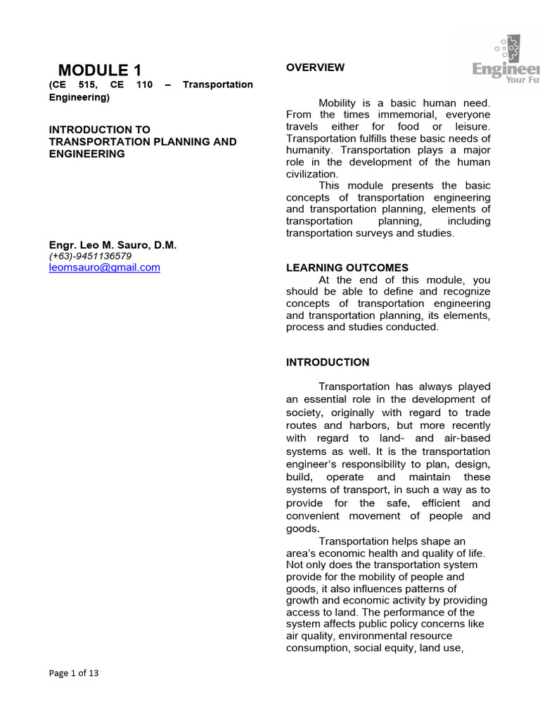 Module 1 - Introduction To Transportation Planning and Engineering ...