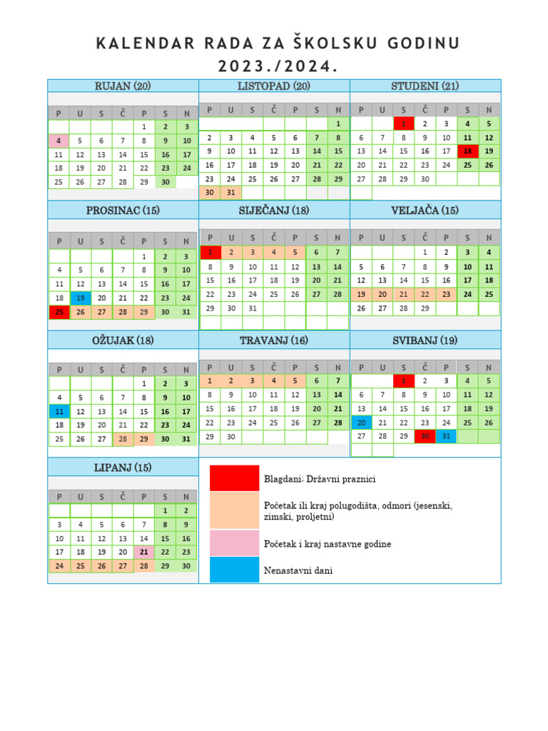 Kalendar Rada Za Školsku Godinu 2023.-24 | PDF