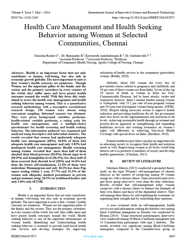 Health Care Management and Health Seeking Behavior Among Women at ...