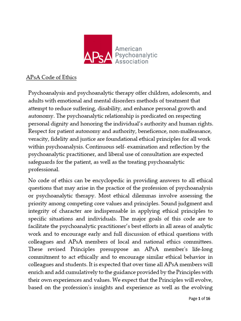 APsA Code of Ethics Download Free PDF Confidentiality Psychoanalysis