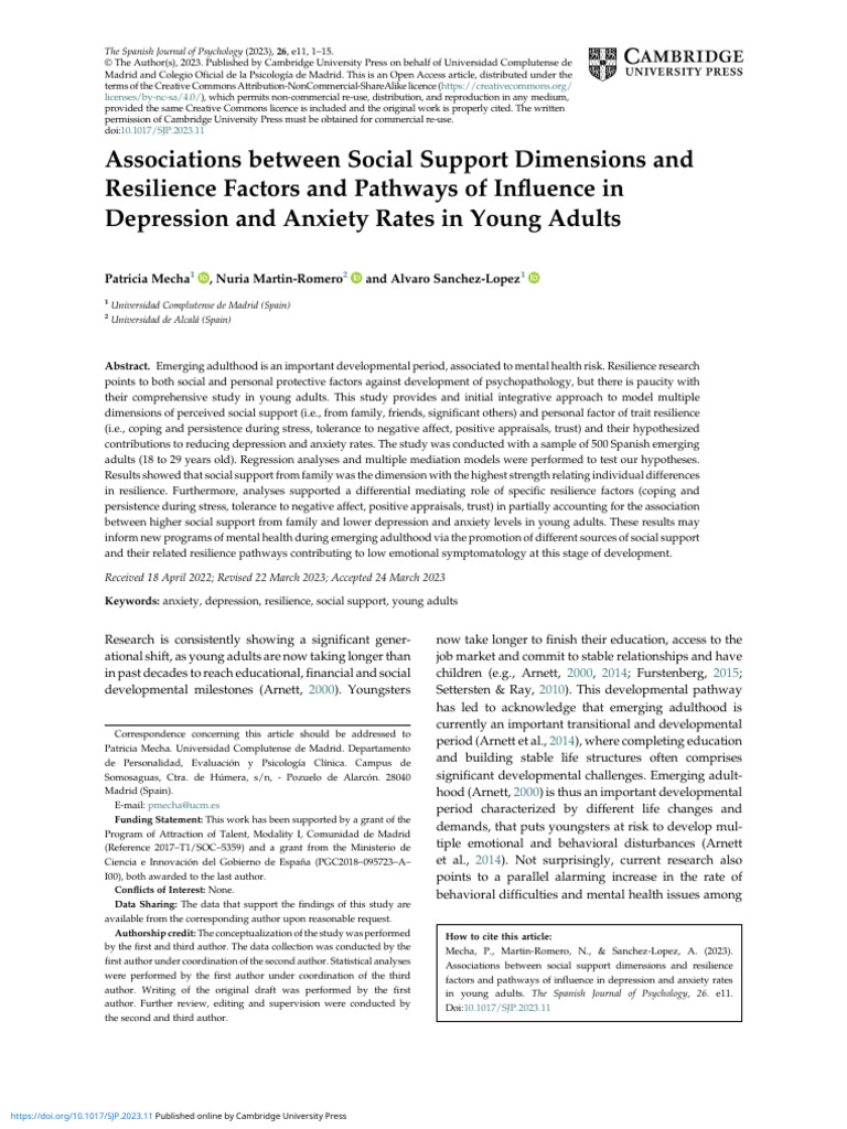 Social Support and Resilience in Young Adults | PDF | Psychological ...