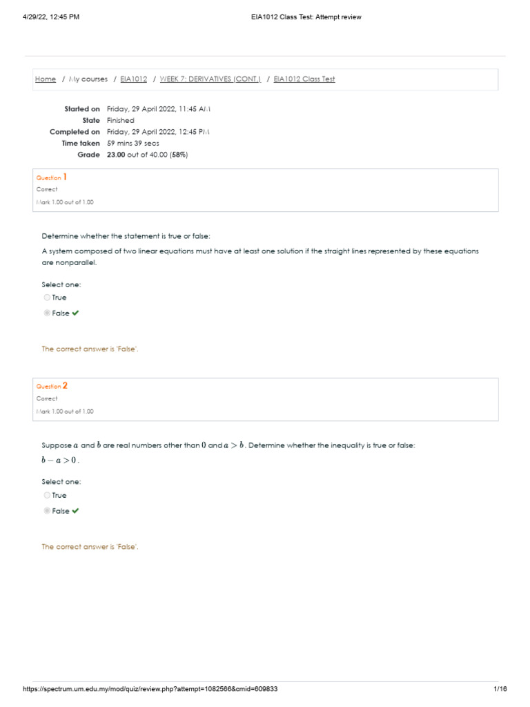 EIA1012 Class Test Attempt Review | PDF | Numbers | Equations