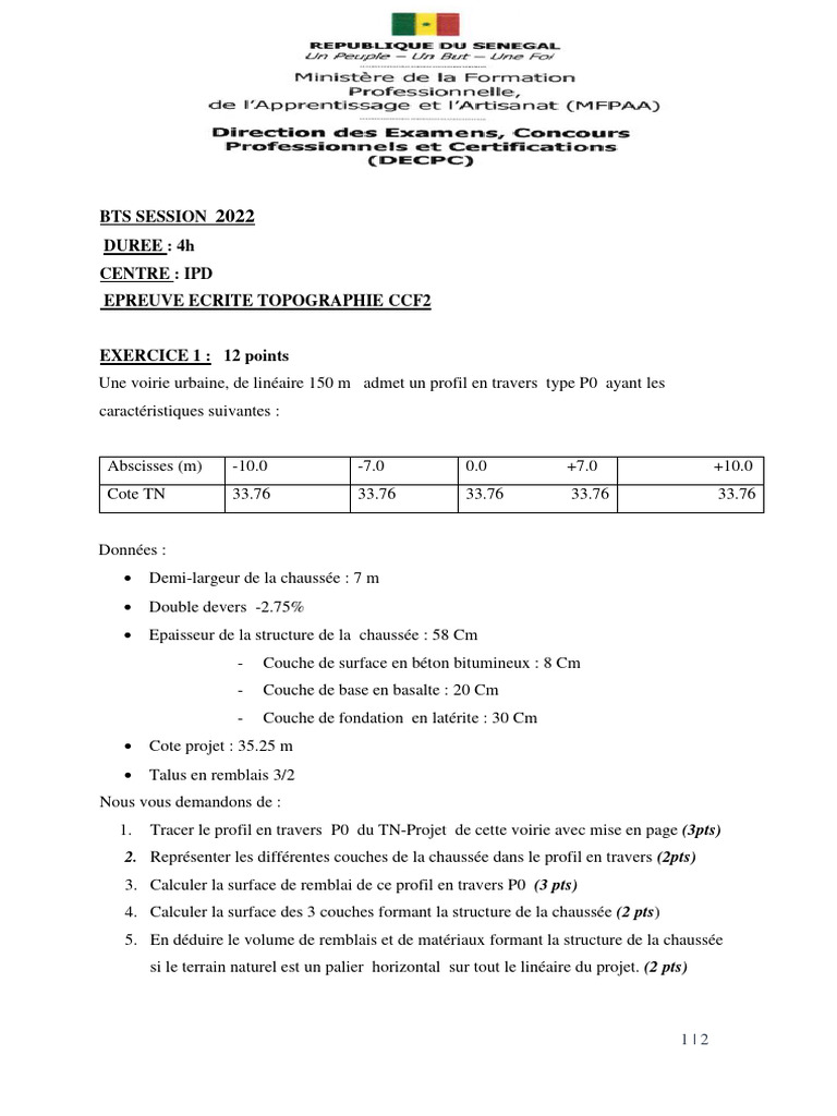 Épreuve écrite topographie CCF2 BTS 2022 | PDF