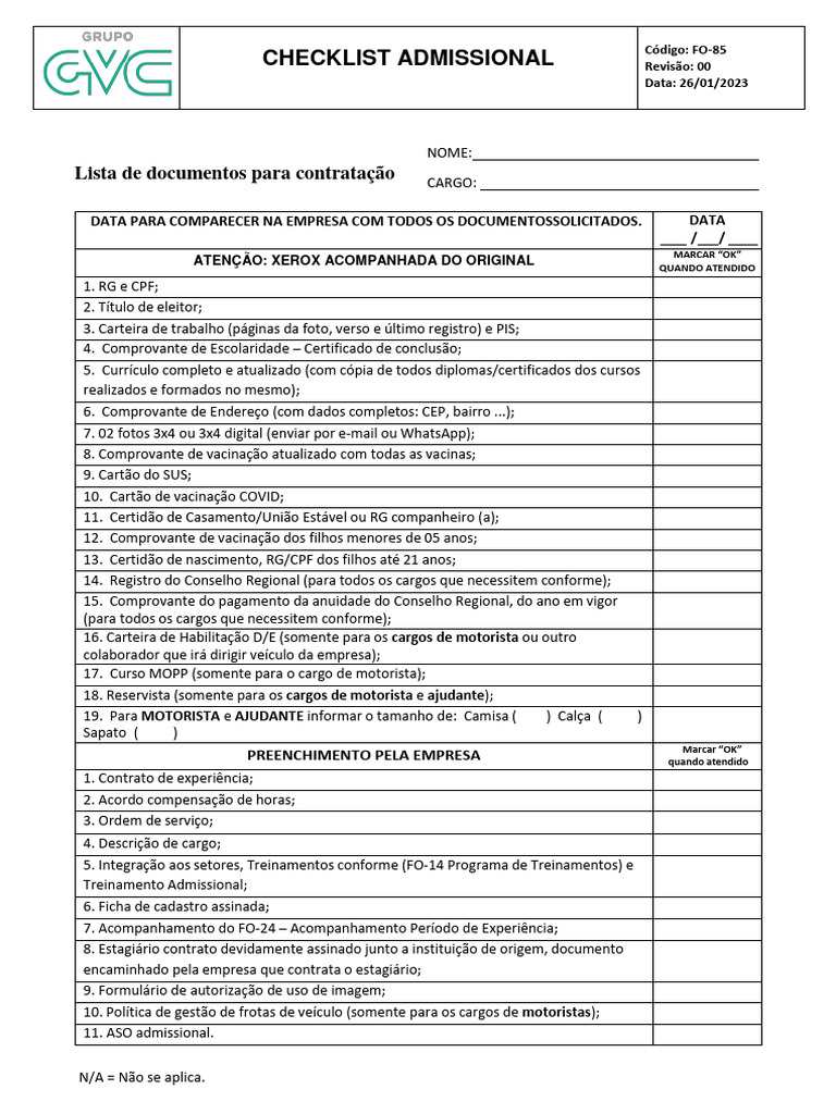 Checklist Admissional FO-85 | PDF
