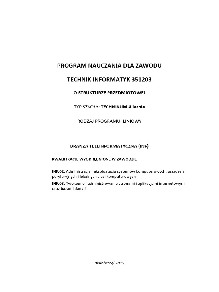 Technik Informatyk 2019 4 Letni Program Praktyk Zawodowych | PDF