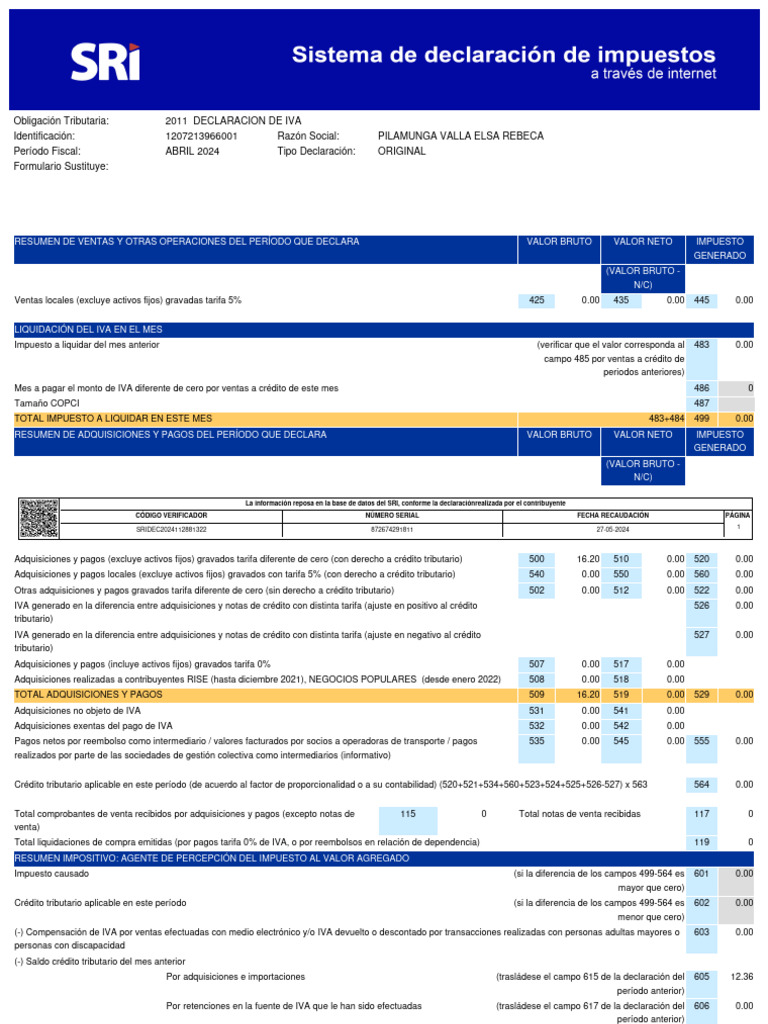 Declaración de IVA Abril 2024 SRI | PDF | Impuesto al valor agregado ...