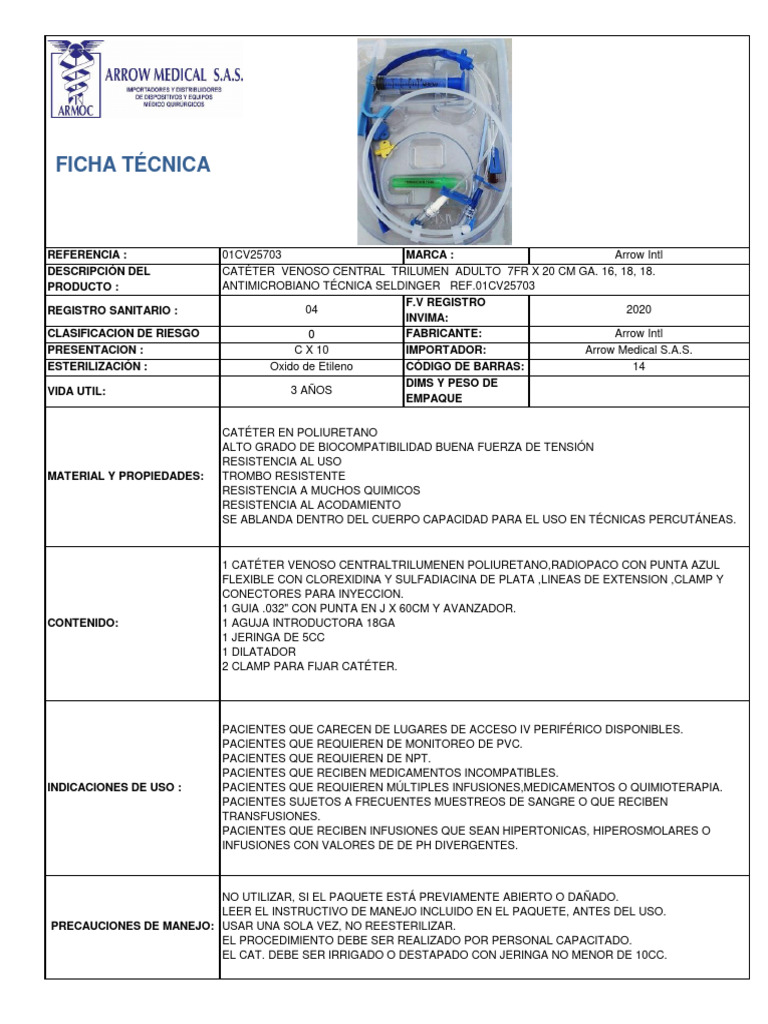 Catéter Venoso Central Trilumen Adulto 7FR | PDF | Medicina ...