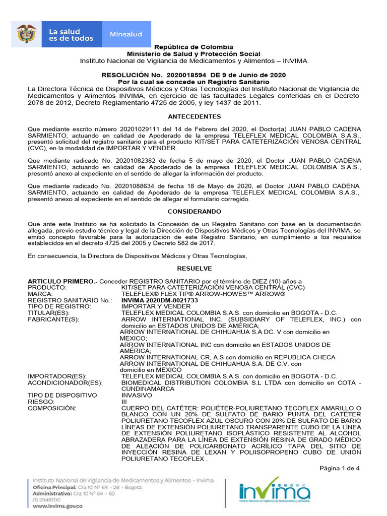 2020DM-0021733 Reg Invima | PDF