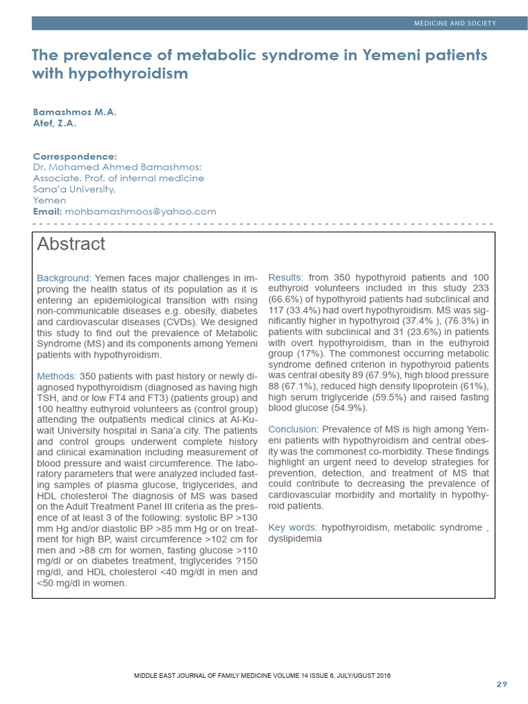 Metabolic Syndrome in Yemeni Hypothyroid Patients | PDF ...