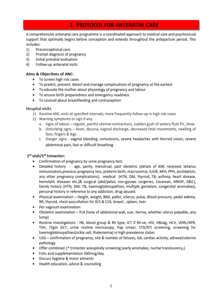 Antenatal Care Protocol Overview | PDF | Childbirth | Pregnancy