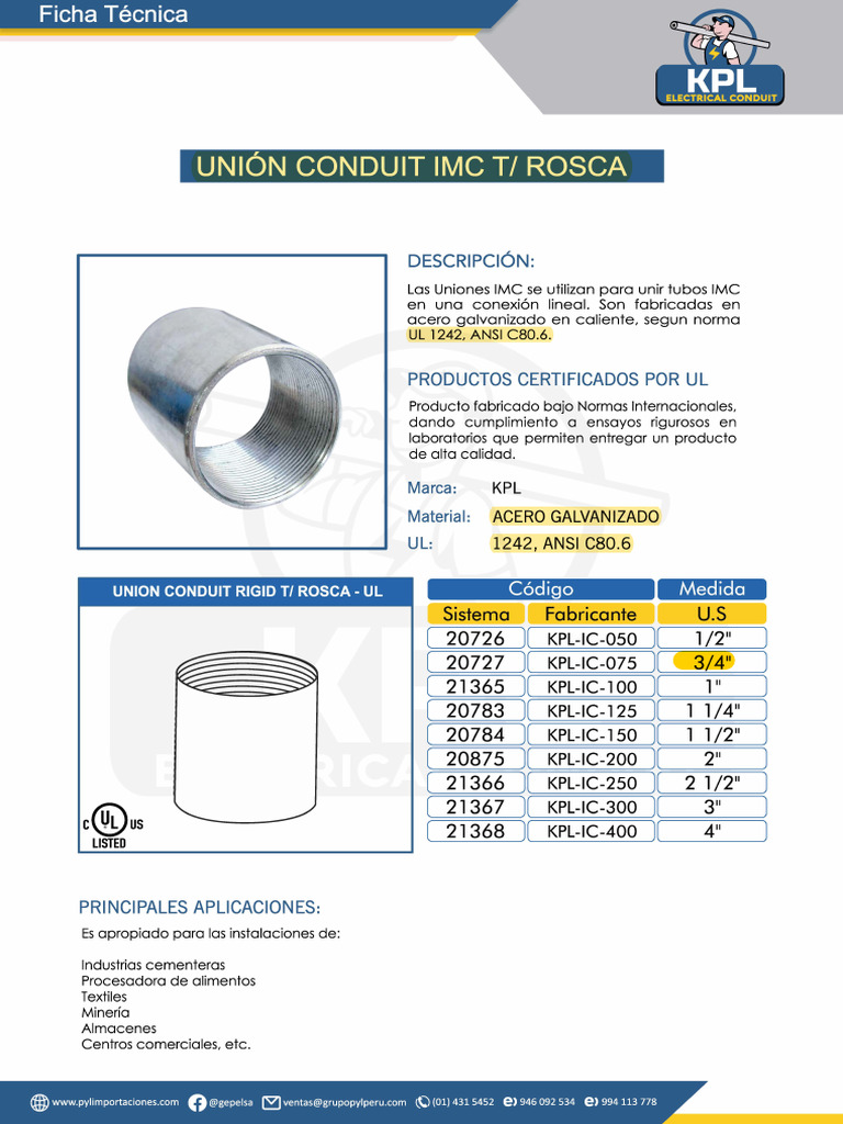 Uniones Conduit IMC: Ficha Técnica | PDF | Materiales | Metales de ...