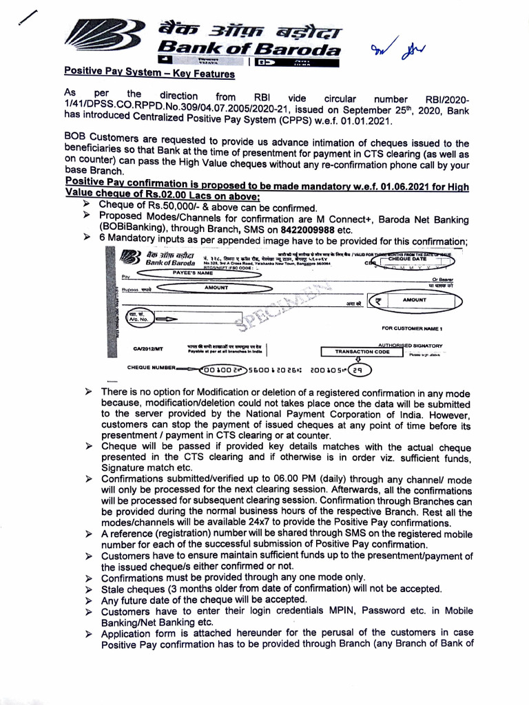 Bank of Baroda Positive Pay Guide | PDF | Cheque