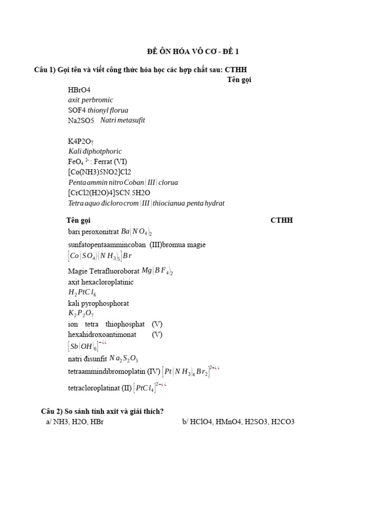ĐỀ ÔN HÓA VÔ CƠ 1 ĐỀ 1 | PDF