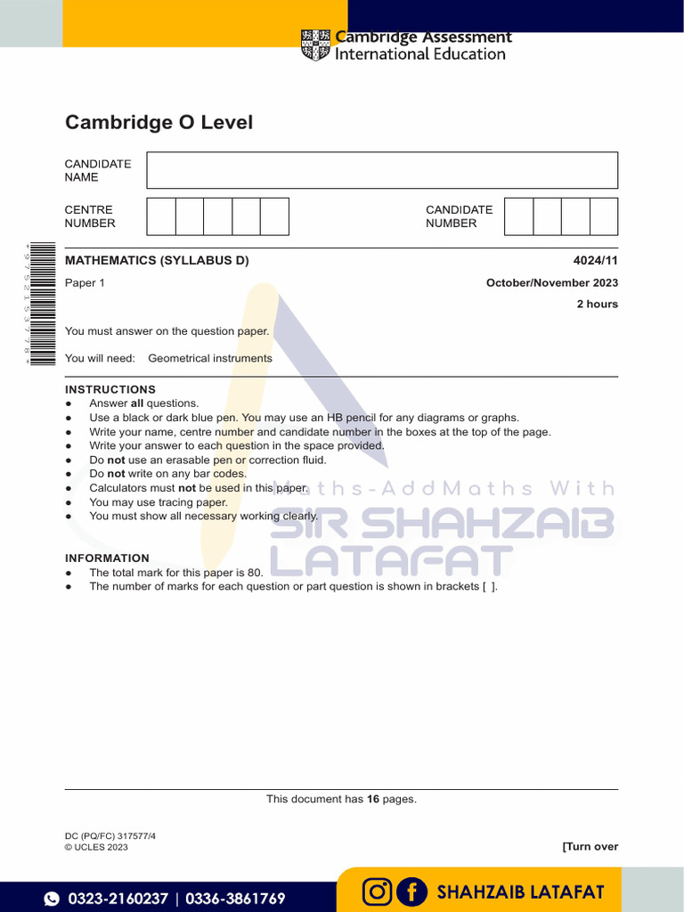 Cambridge O Level Mathematics Paper 1 | PDF | Angle
