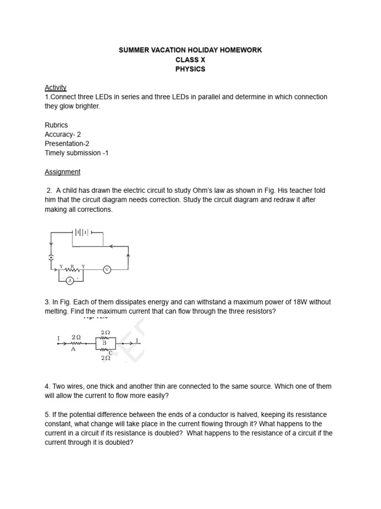 Summer Vacation HHW X 2024 Physics | PDF | Electrical Resistance And ...