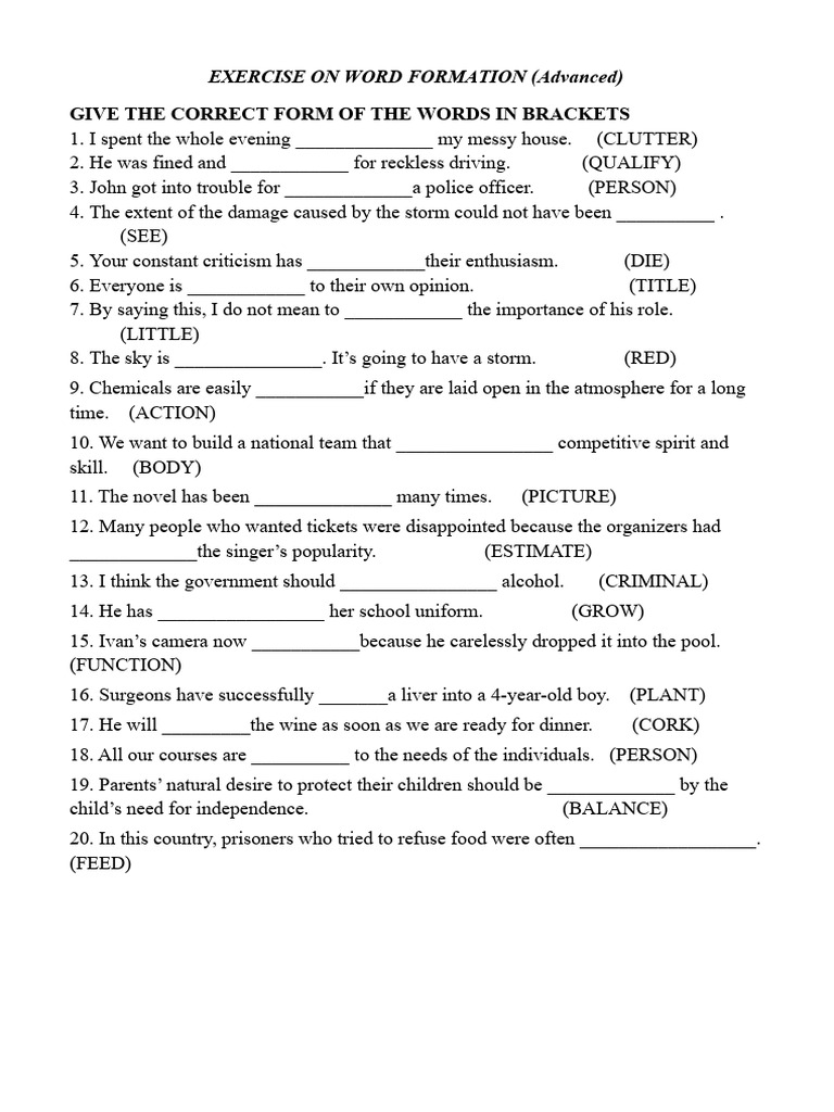 EXERCISE ON WORD FORMATION (Level 4) | PDF