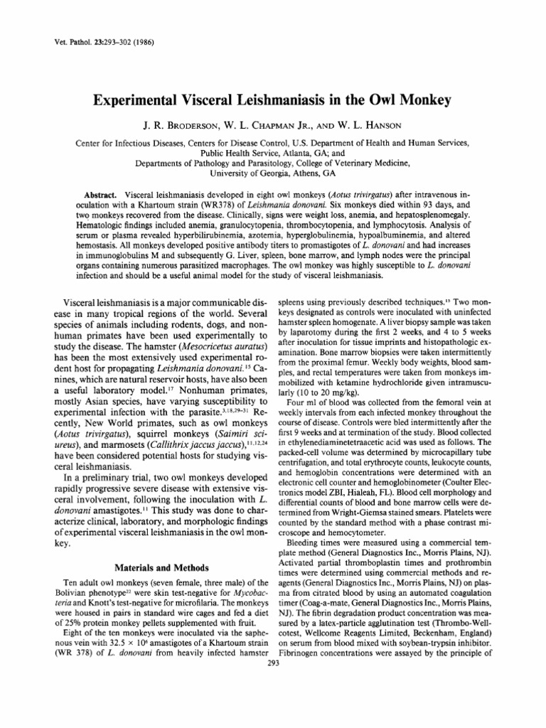 Broderson et al 1986 experimental visceral leishmaniasis in the owl