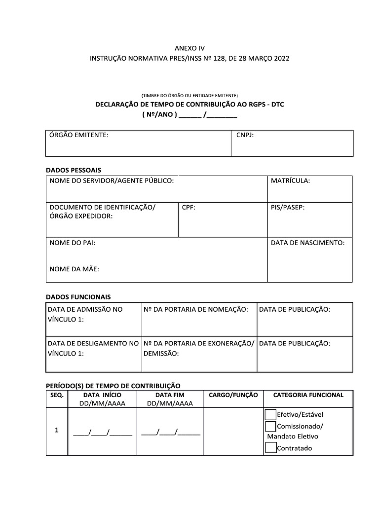 AnexoIV DECLARACAO DE TEMPO DE CONTRIBUICAO IN 128 | PDF