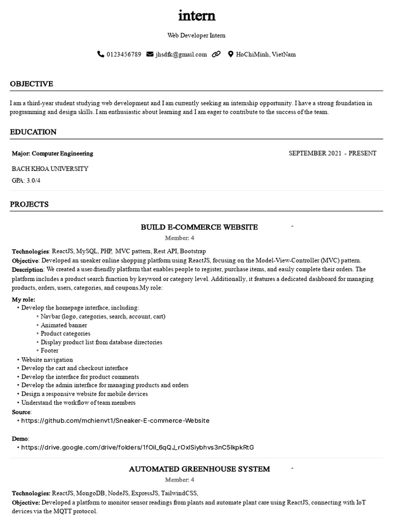 Web Developer Intern Resume 2023 | PDF | Websites | Bootstrap (Front ...