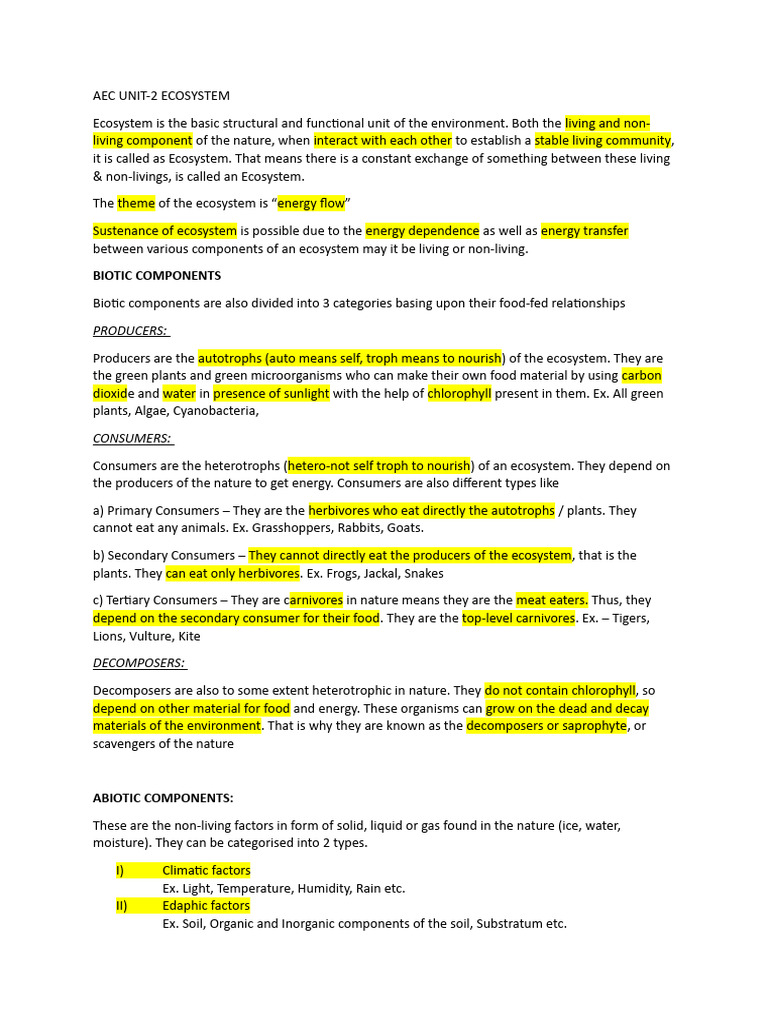 AEC UNIT 2 Ecosystem Notes | PDF | Aquatic Ecosystem | Ecosystem