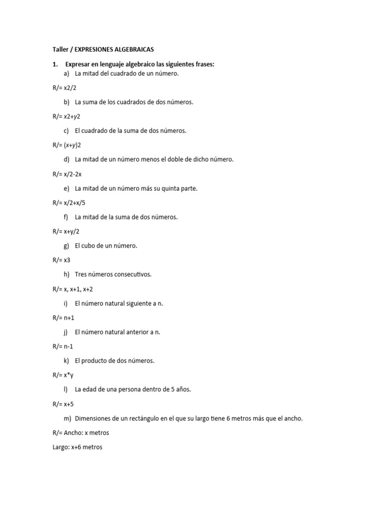 Taller - Expresiones Algebraicas | PDF | Métodos y materiales de enseñanza