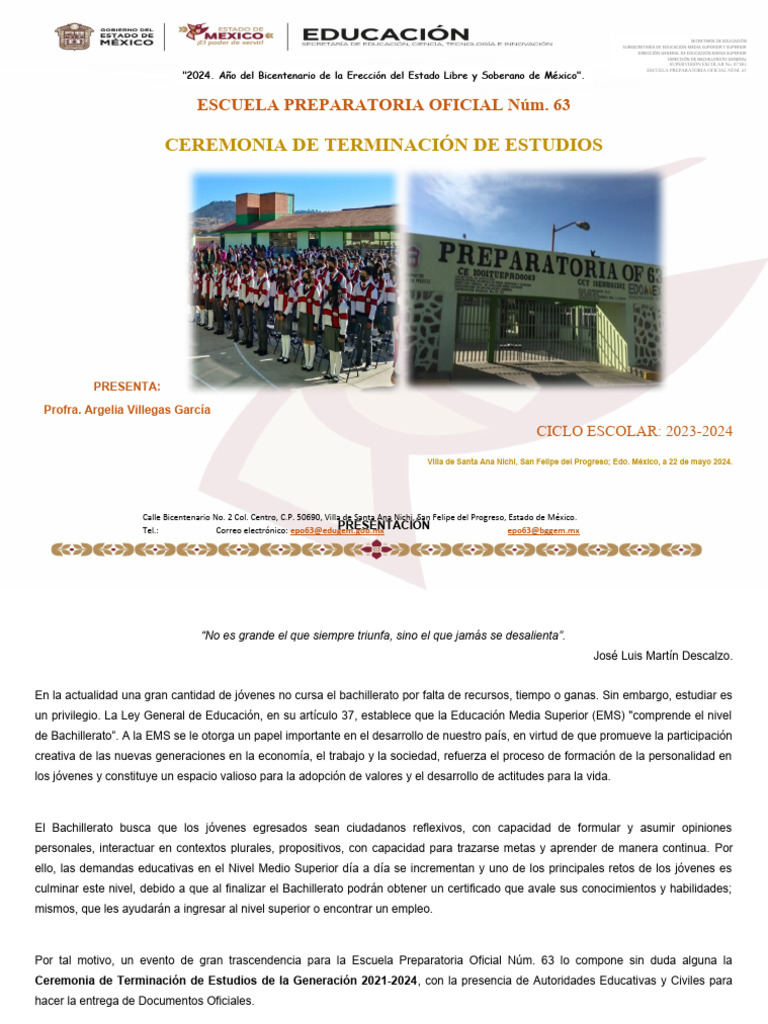 Ceremonia de Egreso EPO 63 - 2024 | PDF | Escuelas | Juventud