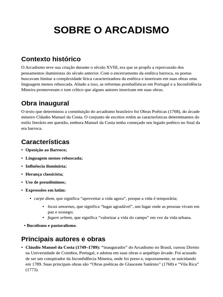 Arcadismo: Características e Autores | PDF | História | Clássicos