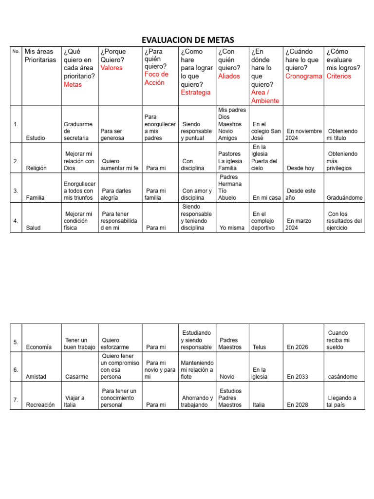 Evaluación de Metas en Proyecto de Vida | PDF