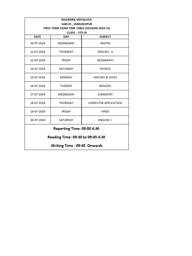 Std-IX First Term Exam Schedule 2024 | PDF