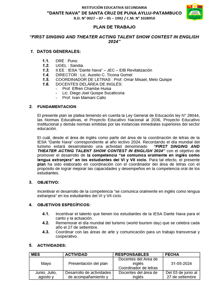 Plan de Trabajo Ingles 2024 | PDF | Idiomas del Reino Unido