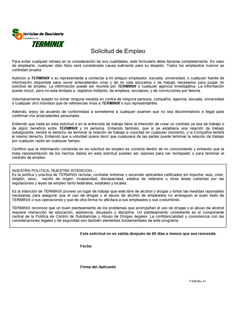 Solicitud de Empleo en Terminix | PDF